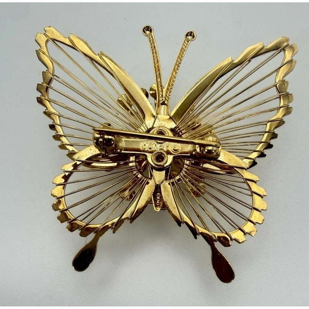 Monet Spinneret Butterfly Brooch 1961 Menagerie Rhinestone Gold Tone Pin‎ 1.75